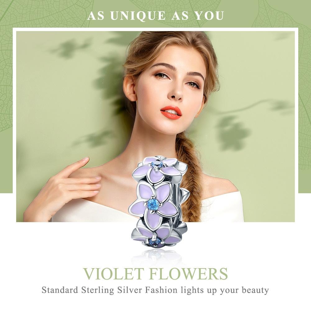 925 Sterling Silver Purple Flower Bracelet With Diamond Beads