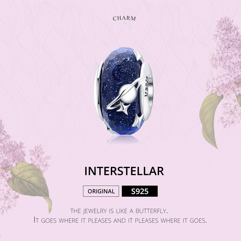 925 Sterling Silver Blue Glass Bead Pendant With Starry Sky Design