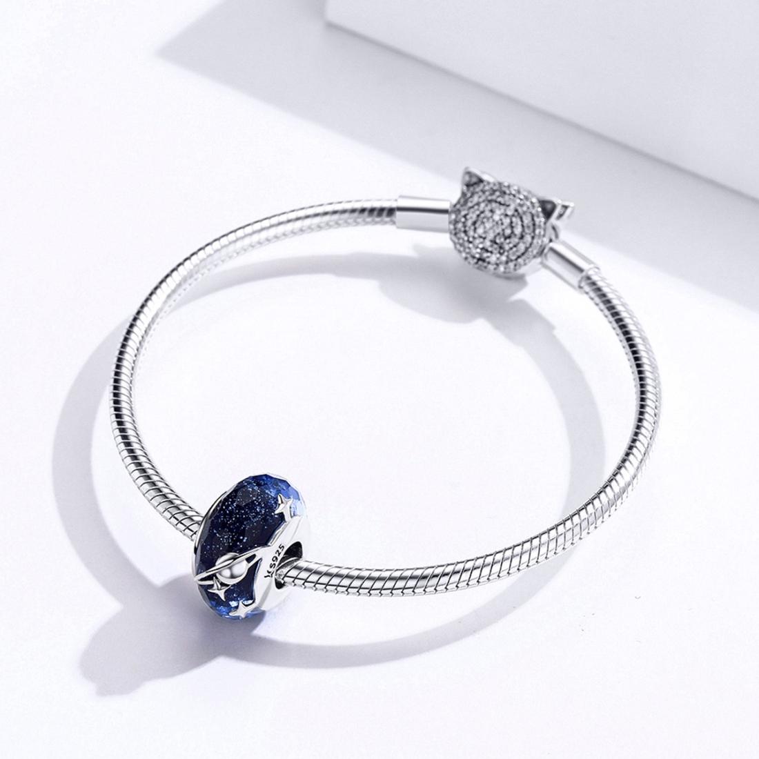 925 Sterling Silver Blue Glass Bead Pendant With Starry Sky Design