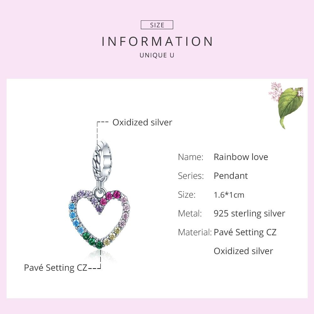 925 Sterling Silver Rainbow Heart Pendant For Diy Bracelets & Necklaces