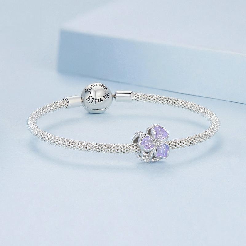 925 Sterling Silver Purple Flower Beads For Diy Bracelets