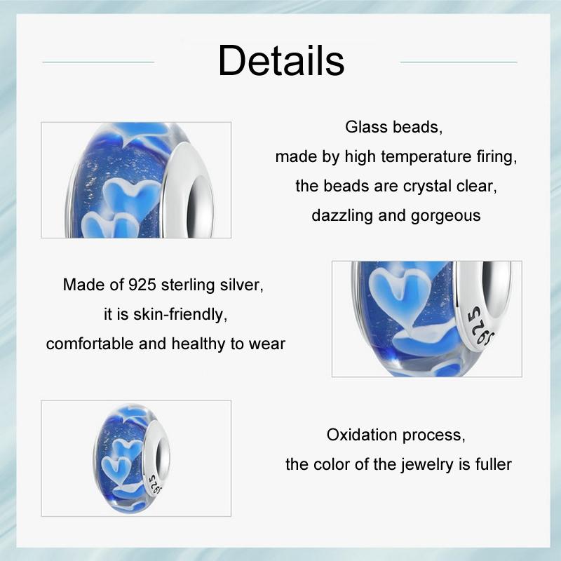 925 Sterling Silver Blue Glass Heart Beads