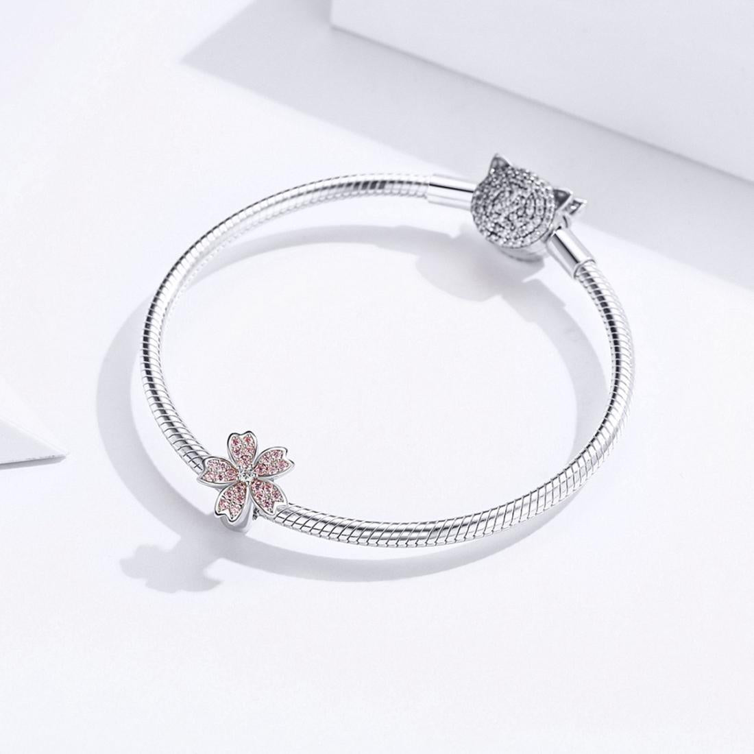 925 Sterling Silver Platinum Plated Pink Flower Beads For Diy Bracelets